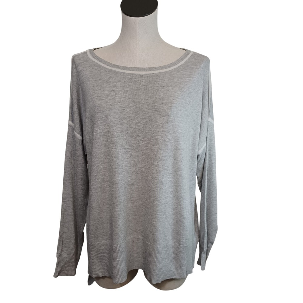 Jones New York Women S Gray Knit Sweater Contrast Trim Drop Shoulder High-Low